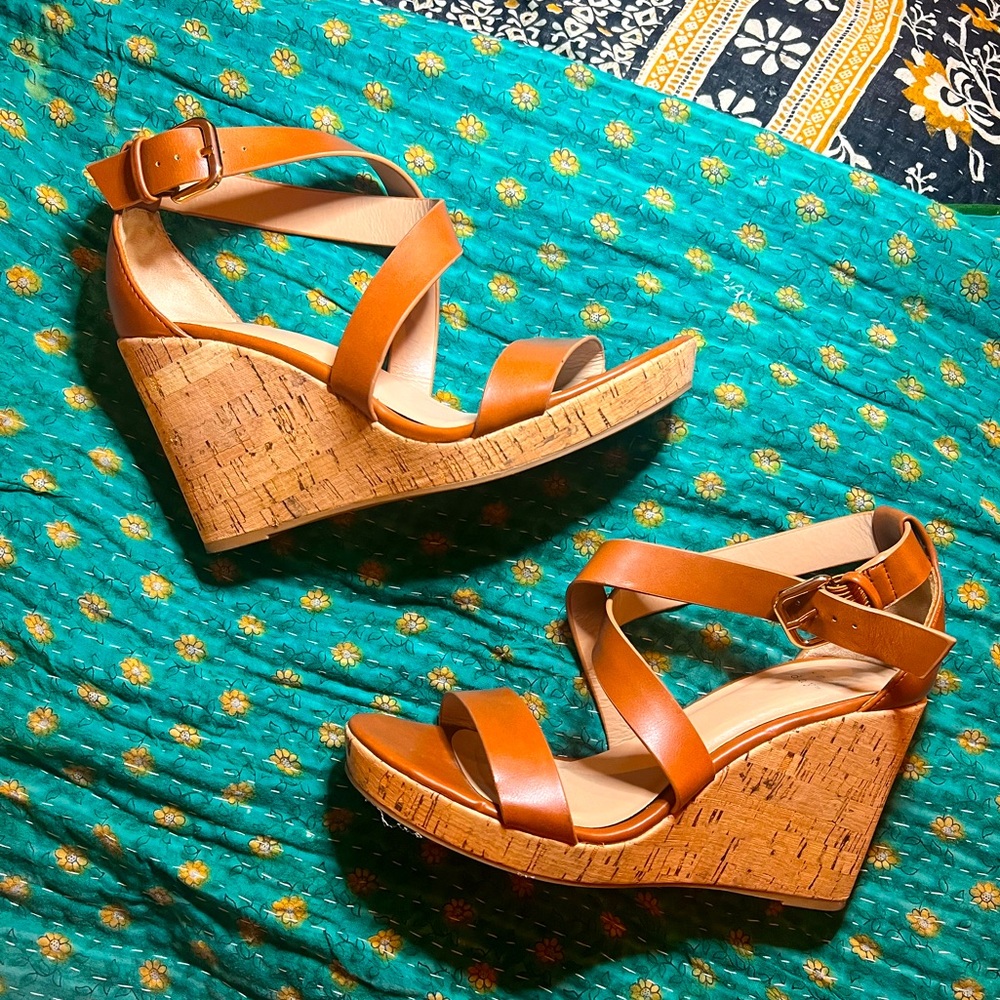 A New Day Faux Leather Cork Bottom Strappy Wedge, Brown- Size 7